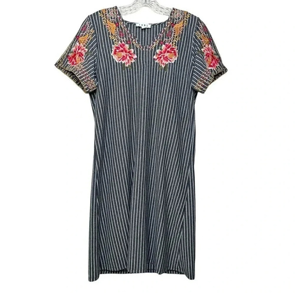 THML Anthropologie Embroidered Dress Cotton Grey Striped Floral Size Medium - Picture 1 of 9